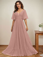 Vestido de gasa para madre de la novia, corte A, escote en V, largo hasta el suelo, con apliques de lentejuelas y encaje plisado