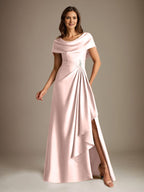 Vestido de madre de la novia de satén elástico, corte A, largo hasta el suelo, con escote redondo y volantes en cascada