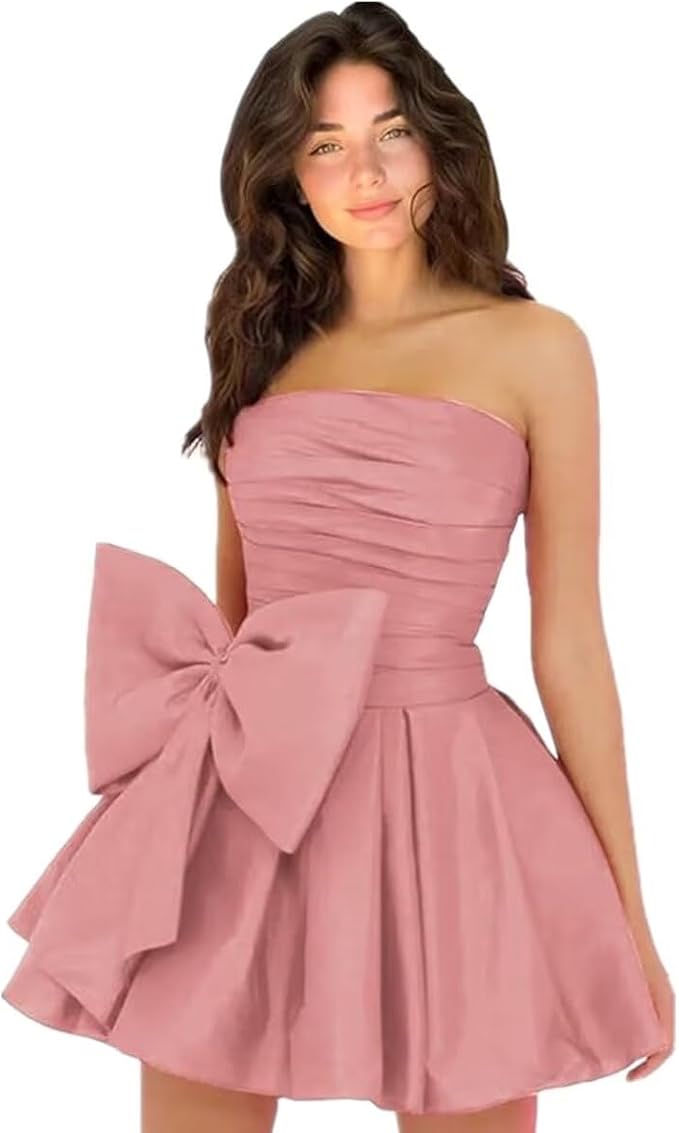Vestidos de fiesta cortos y elegantes de corte A, sin mangas, sin tirantes, fruncidos, con cordones y lazo