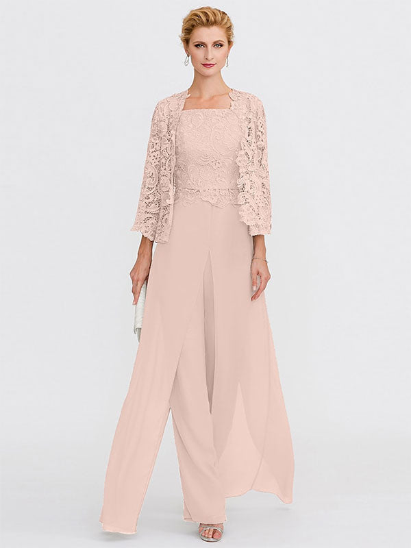 3-teiliger Chiffon-Hosenanzug mit quadratischem Ausschnitt und Jacke für die Mutter der Braut 