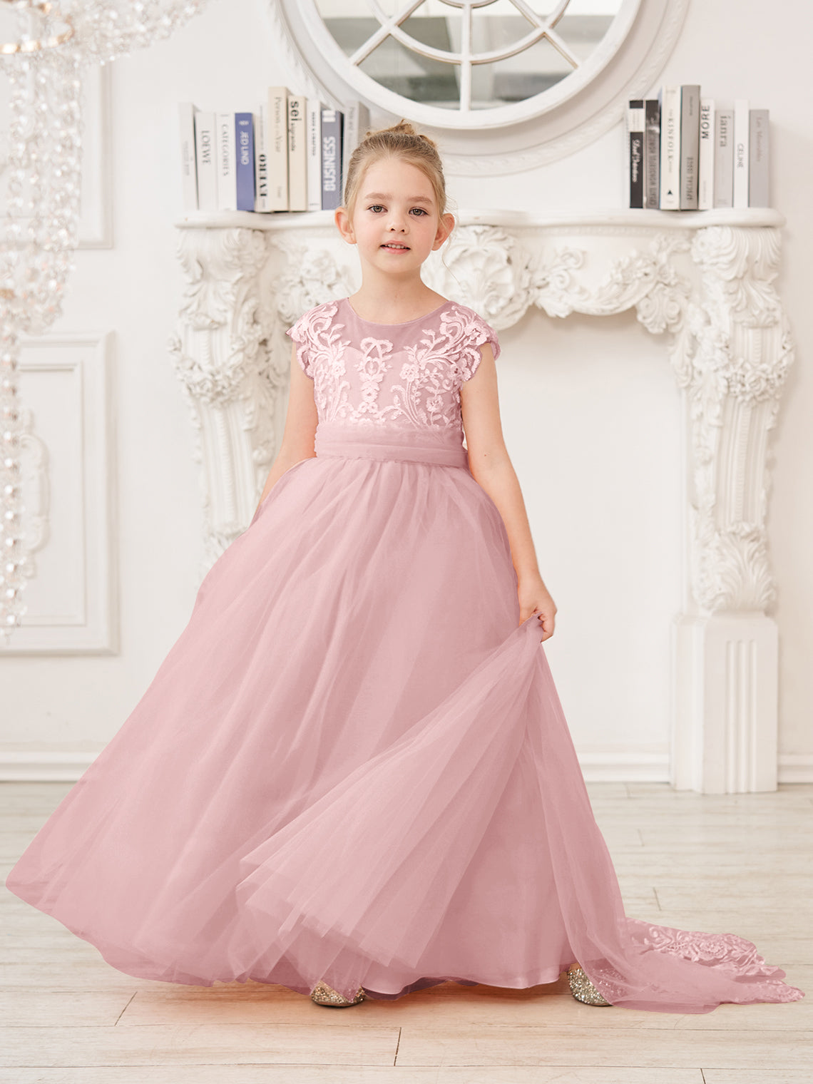 A-Linie Spitze Tüll Sweep Schleppe Rosa Blumenmädchenkleid 