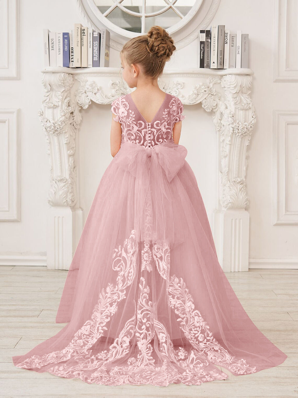 A-Linie Spitze Tüll Sweep Schleppe Rosa Blumenmädchenkleid 