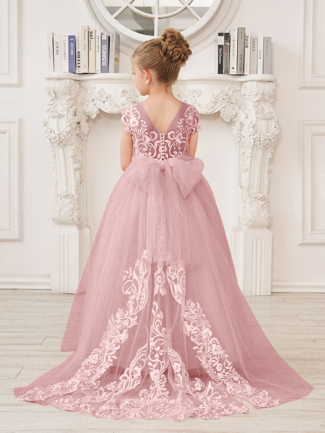 A-Linie Spitze Tüll Sweep Schleppe Rosa Blumenmädchenkleid 