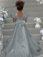 Blumenmädchenkleid mit Puffärmeln, Schleife, Knopfleiste hinten und Schleppe 