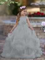 Vestido de niña de las flores de tul satinado con corte A y volantes en cascada hasta el suelo