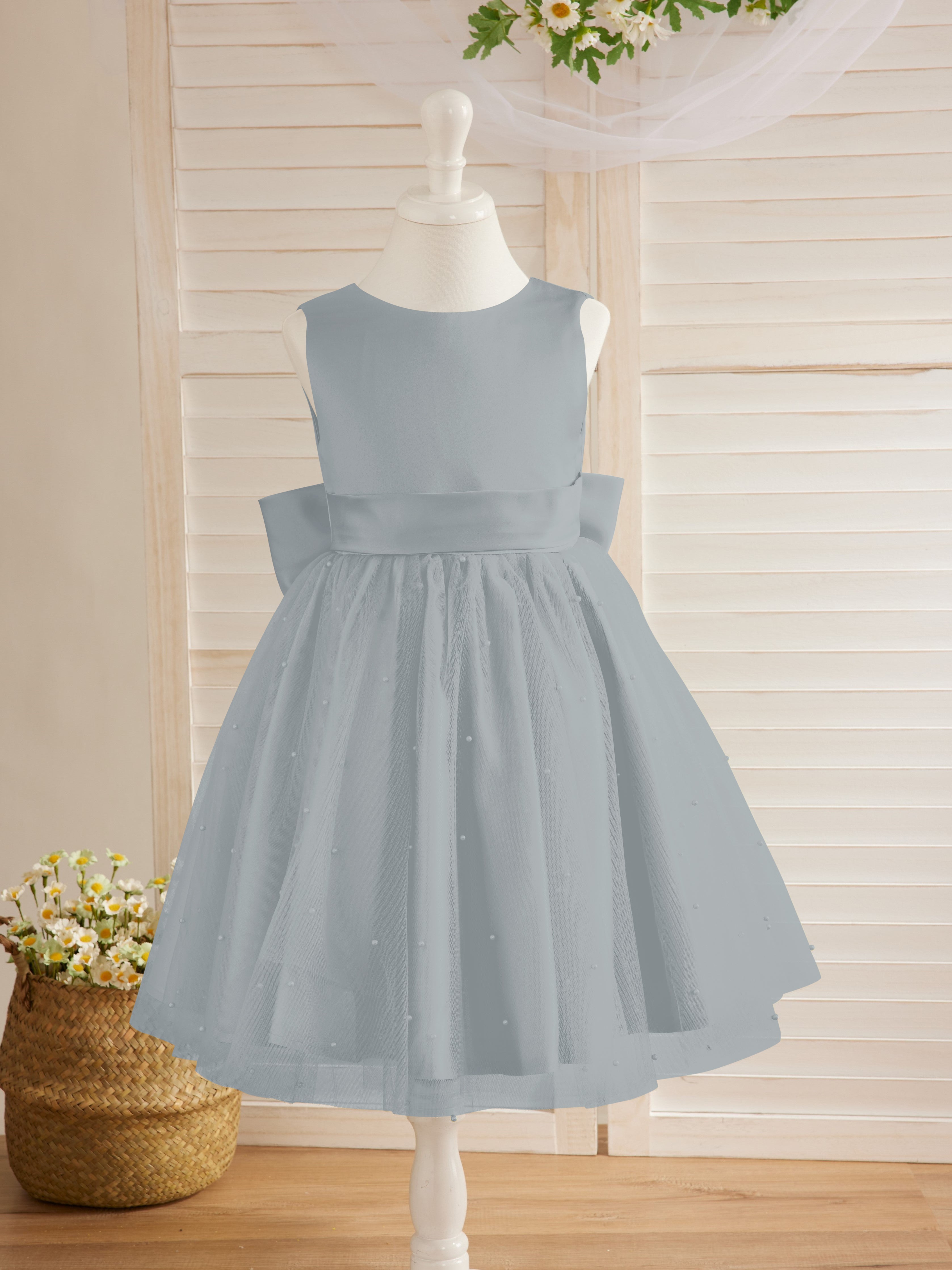 Vestido de niña de las flores de satén, tul y hasta la rodilla, estilo princesa