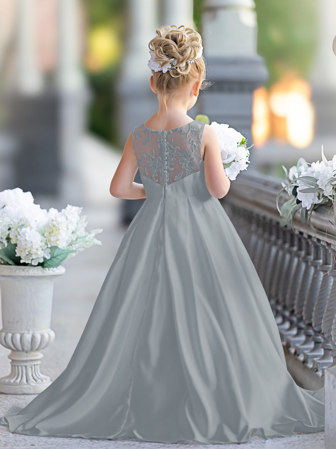 A-Linie Spitze Satin Bodenlang Erstkommunionkleid für Blumenmädchen 