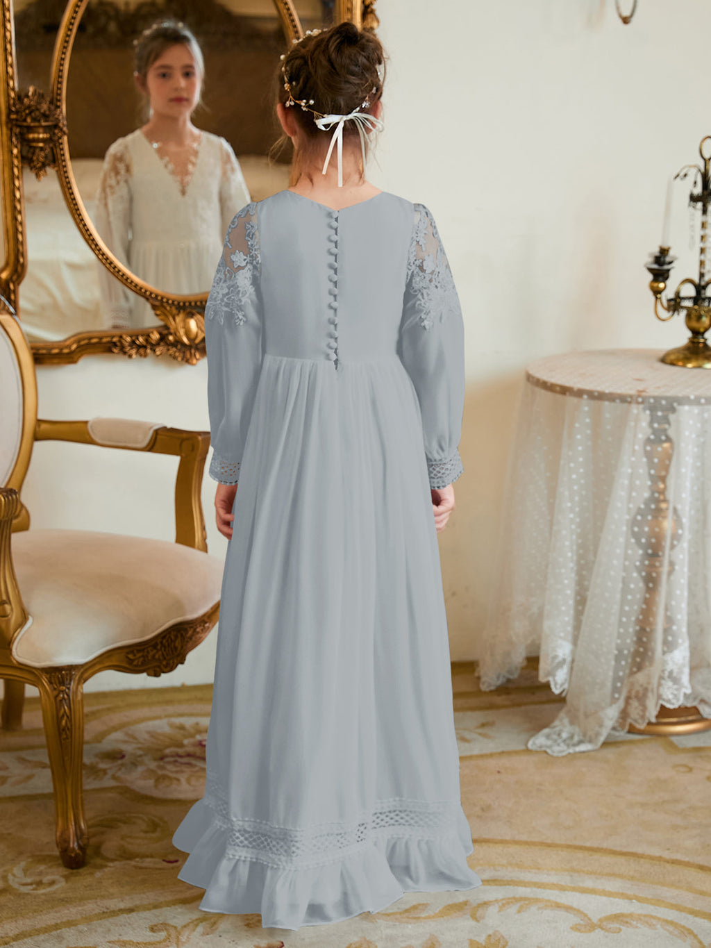 Bodenlanges Chiffon-Kleid in A-Linie und Elfenbein für die Erstkommunion 
