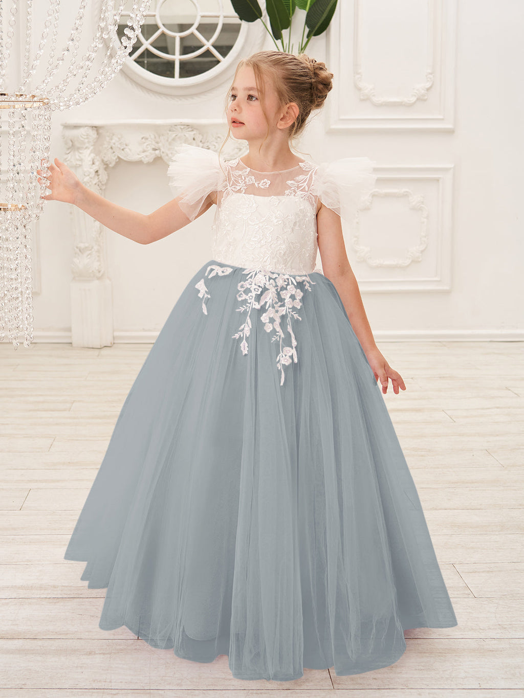 Abnehmbares Blumenmädchenkleid aus Spitze und Tüll mit Schleppe 