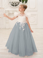 Abnehmbares Blumenmädchenkleid aus Spitze und Tüll mit Schleppe 