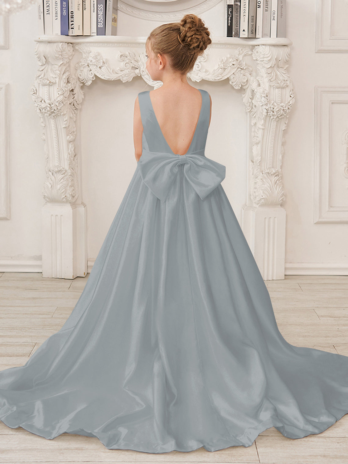 Vestido de niña de las flores de satén sin mangas, corte princesa, con cola larga y lazo