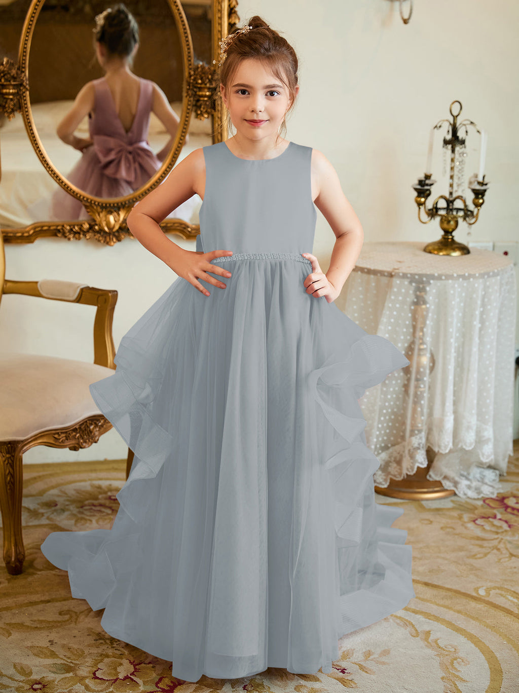 Duchesse-Linie/Princess-Linie Satin Tüll Bodenlang Blumenmädchenkleid 