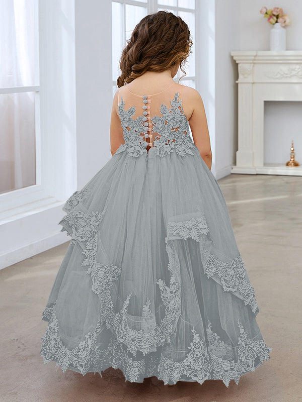 Ärmelloses Prinzessinnen-Tüllkleid mit Spitzenapplikationen und Schleppe für Mädchen