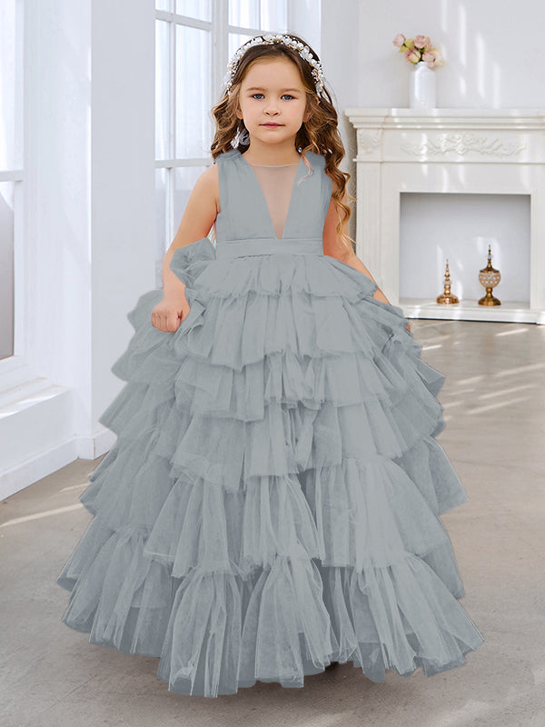 Vestido de fiesta/princesa rosa perla sin mangas con lazo de tul para niña de las flores