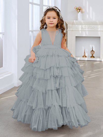 Vestido de fiesta/princesa rosa perla sin mangas con lazo de tul para niña de las flores