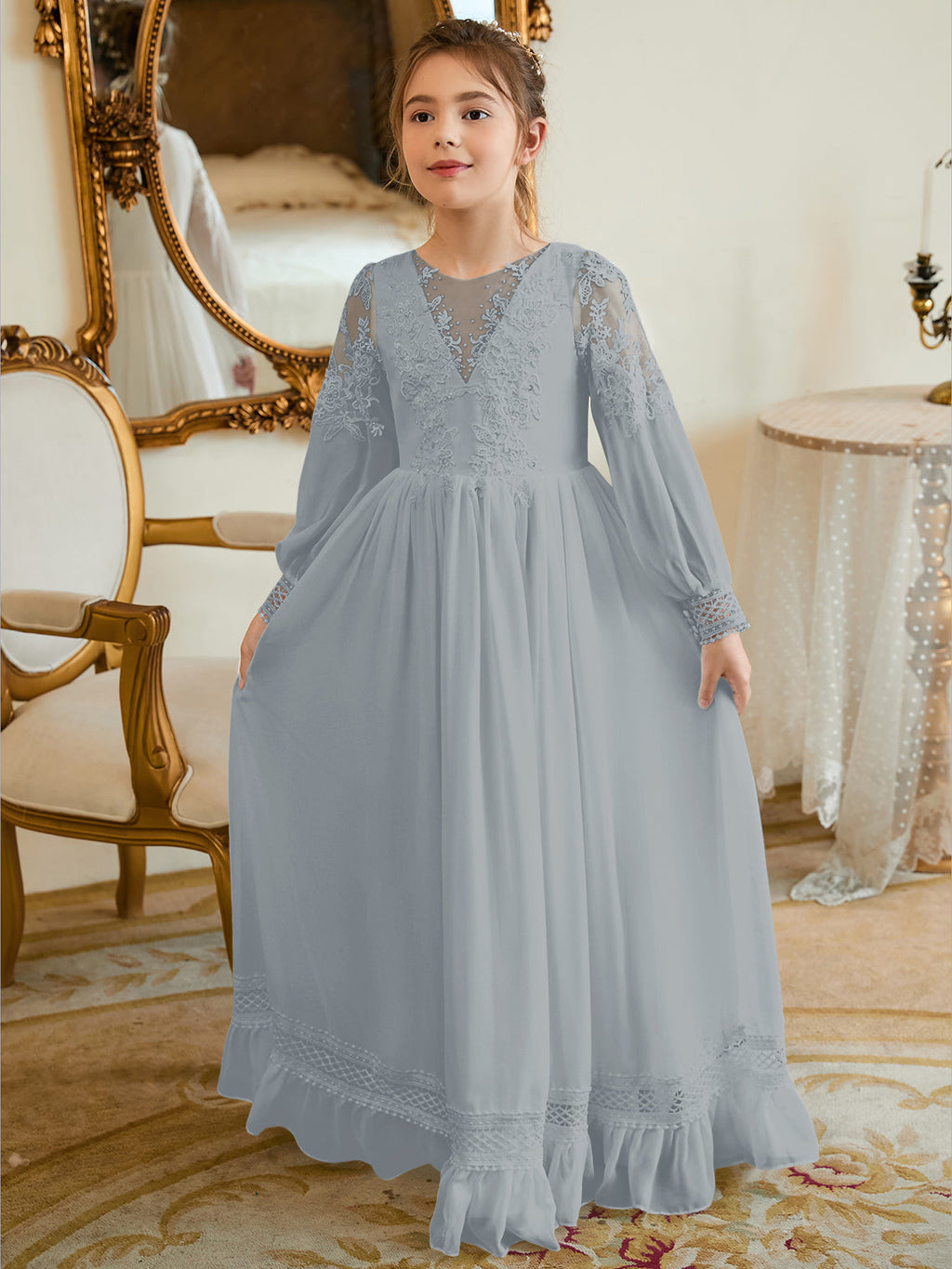 Bodenlanges Chiffon-Kleid in A-Linie und Elfenbein für die Erstkommunion 