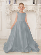 A-Linie Prinzessin Ärmelloses Satin Blumenmädchenkleid mit Schleppe und Schleife 