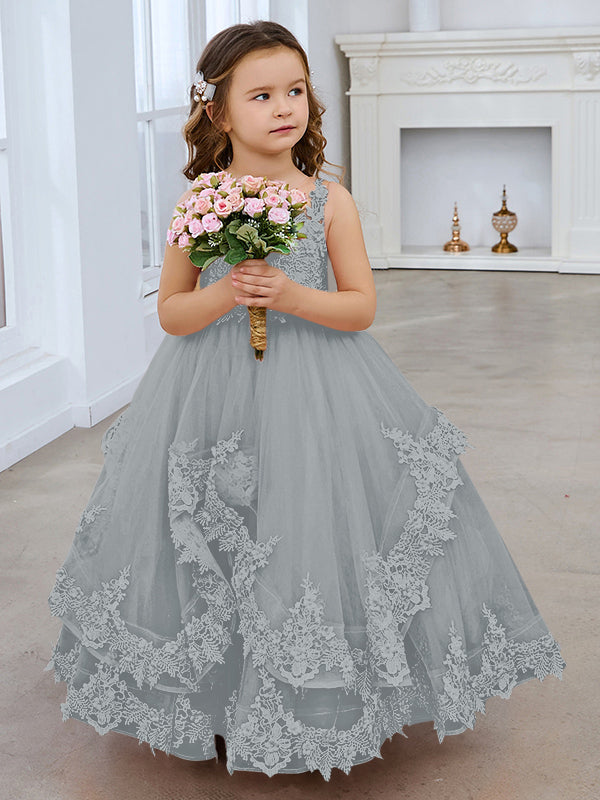 Ärmelloses Prinzessinnen-Tüllkleid mit Spitzenapplikationen und Schleppe für Mädchen 