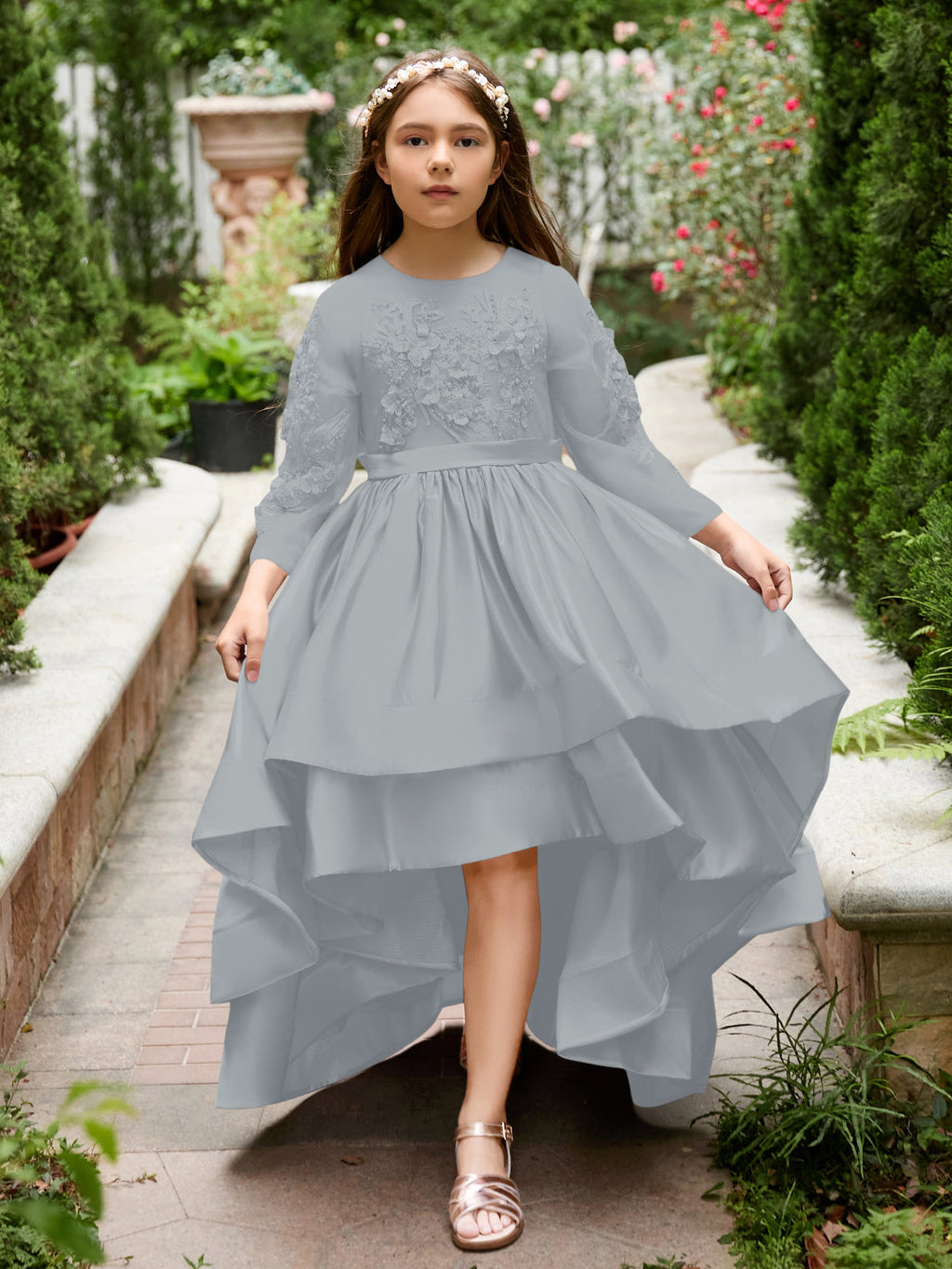 Vestido de niña de las flores asimétrico de satén con corte A