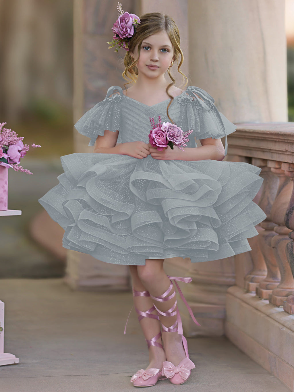 Vestido de fiesta/princesa de tul hasta la rodilla para niña de las flores de cumpleaños