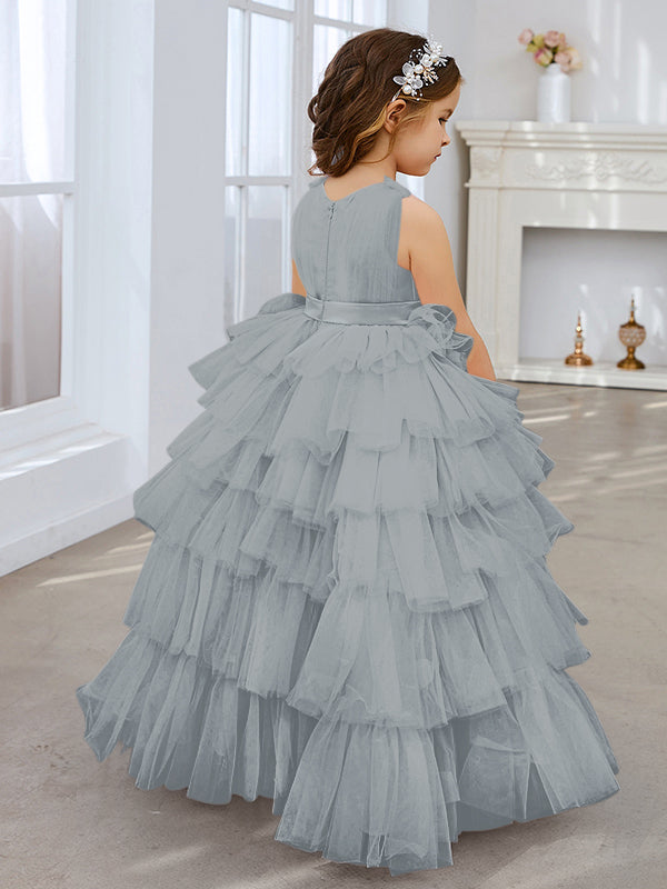 Vestido de fiesta/princesa rosa perla sin mangas con lazo de tul para niña de las flores
