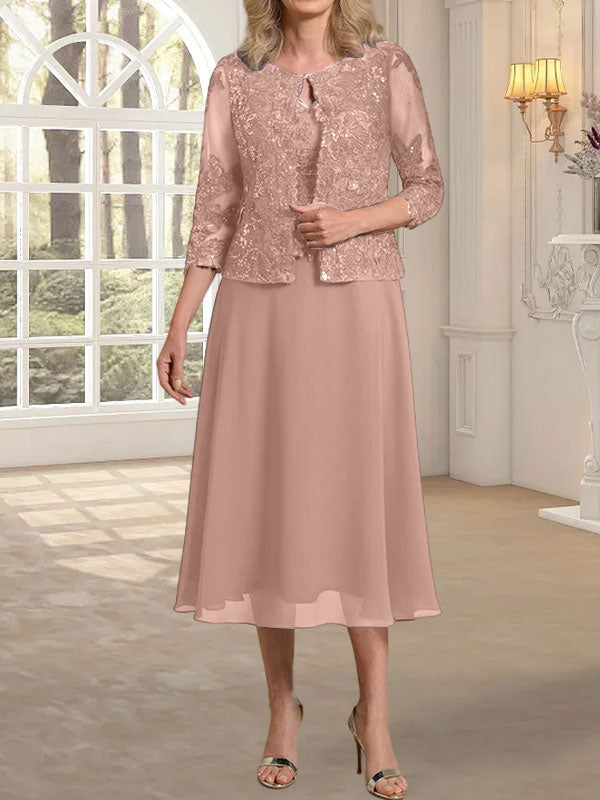 Vestido de gasa con encaje y lentejuelas para madre de la novia, corte A, escote redondo y largo hasta la rodilla