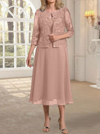 Vestido de gasa con encaje y lentejuelas para madre de la novia, corte A, escote redondo y largo hasta la rodilla