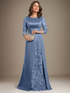Vestido de madre de la novia de satén con encaje, corte A, largo hasta el suelo y apliques