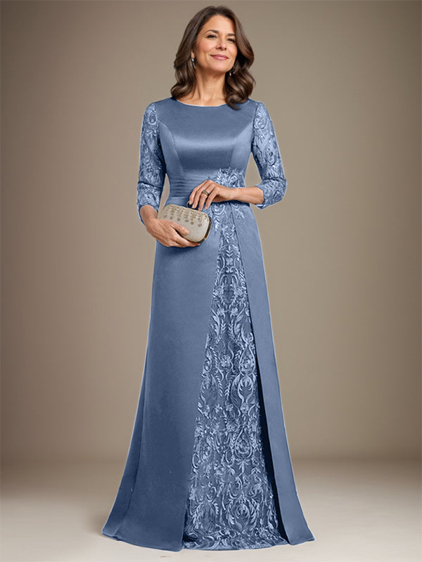 Vestido de madre de la novia de satén con encaje, corte A, largo hasta el suelo y apliques