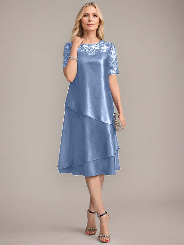 Vestido de madre de la novia con corte en A, escote redondo y largo hasta la rodilla, con apliques y lentejuelas