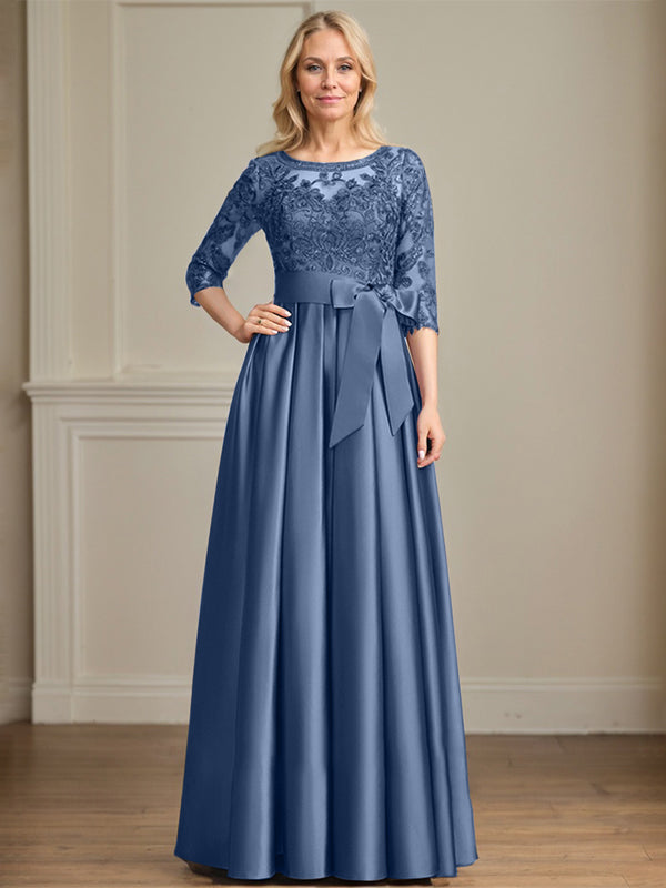 Vestido de madre de la novia de satén con encaje, corte A, escote ilusión, largo hasta el suelo, con lazo de lentejuelas