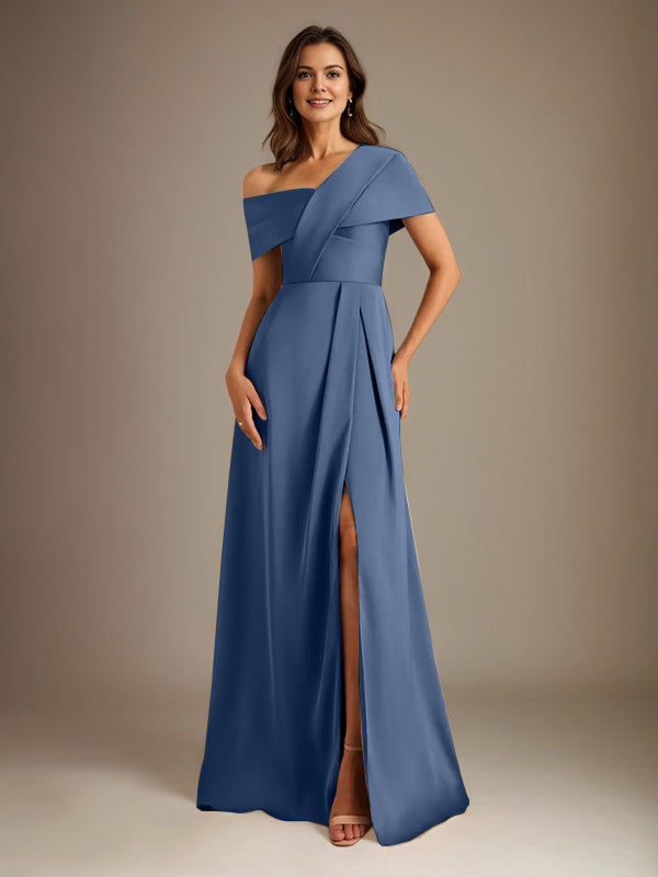 A-Line Asymmetrical Neckline Floor-Length Satin Mother of the Bride Dress With Pleated