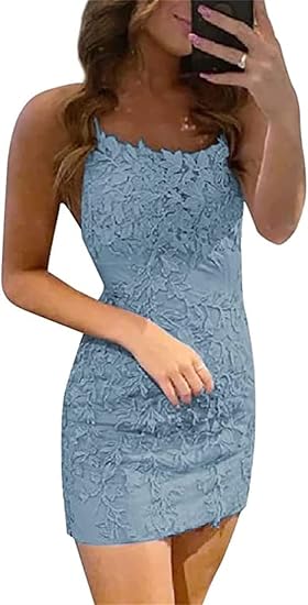 Vestidos de fiesta sin mangas con tirantes finos y encaje azul de columna corta 