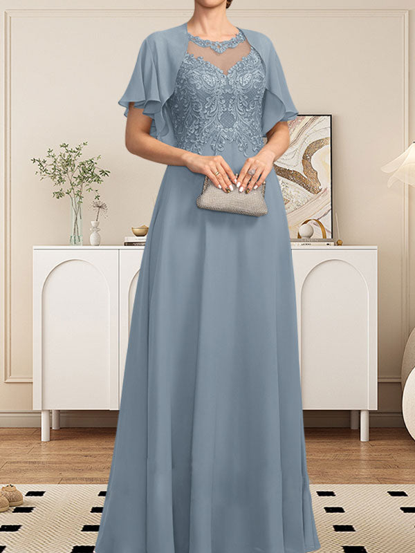Vestido de gasa con encaje y lentejuelas para madre de la novia, corte A, escote ilusión, largo hasta el suelo
