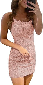 Vestidos de fiesta sin mangas con tirantes finos y encaje azul de columna corta 