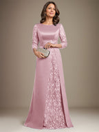 Vestido de madre de la novia de satén con encaje, corte A, largo hasta el suelo y apliques