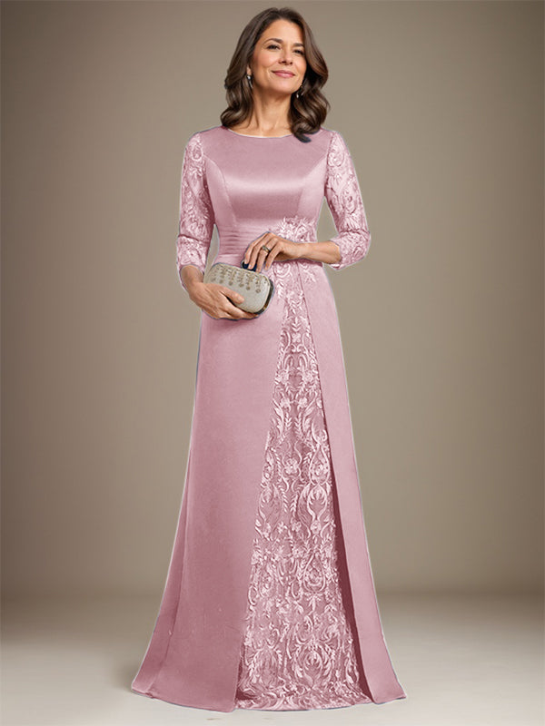 Vestido de madre de la novia de satén con encaje, corte A, largo hasta el suelo y apliques