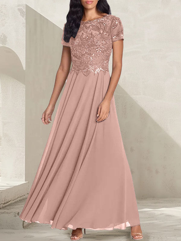 Vestido largo de madre de la novia con escote redondo, corte A, color gris carbón y cuentas