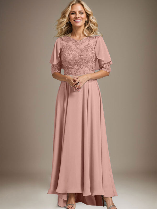 Vestido de madre de la novia de gasa asimétrica con encaje, ilusión, corte A y escote redondo con cuentas