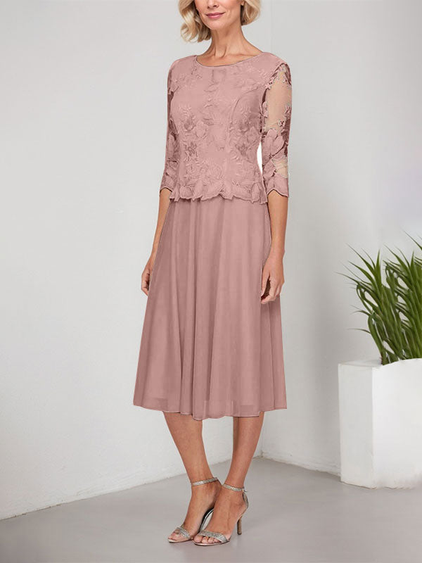 Vestido de gasa con encaje y bordado para madre de la novia, corte A, escote redondo y largo hasta la rodilla