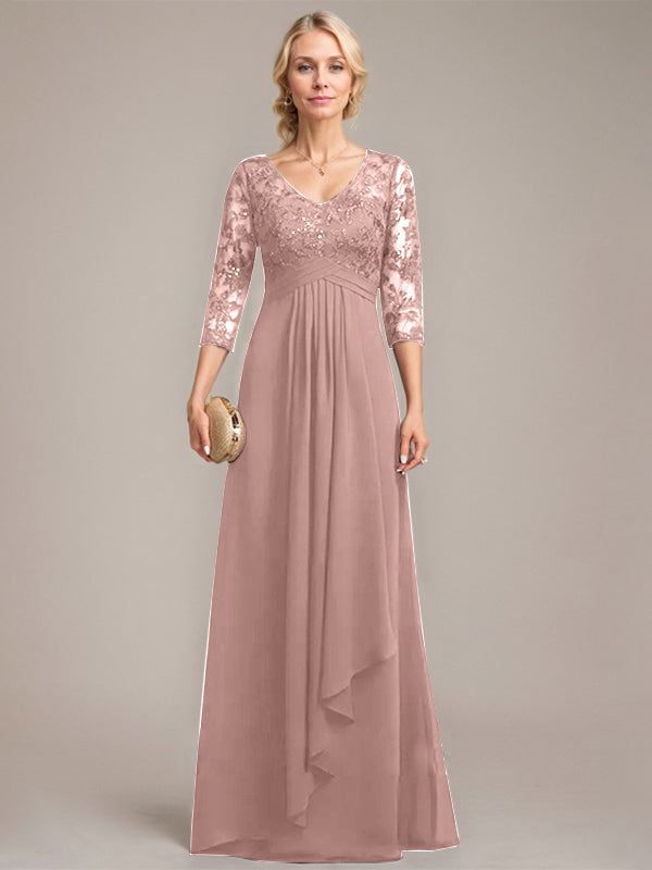 A-Linie V-Ausschnitt Bodenlanges Spitzen-Chiffon-Kleid für die Brautmutter mit kaskadierenden Rüschen und Pailletten 