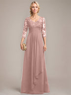 A-Linie V-Ausschnitt Bodenlanges Spitzen-Chiffon-Kleid für die Brautmutter mit kaskadierenden Rüschen und Pailletten 