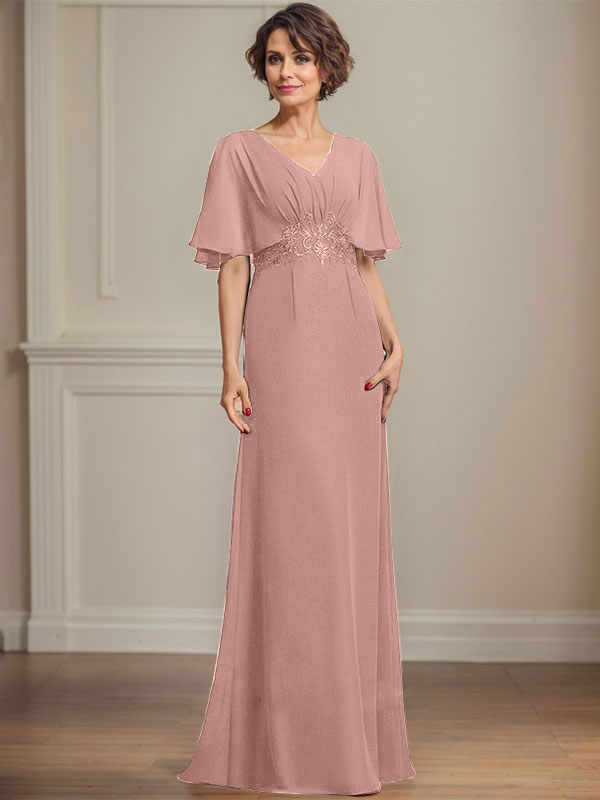 A-Linie V-Ausschnitt Bodenlanges Chiffonkleid für die Brautmutter mit plissierten Paillettenapplikationen Spitze
