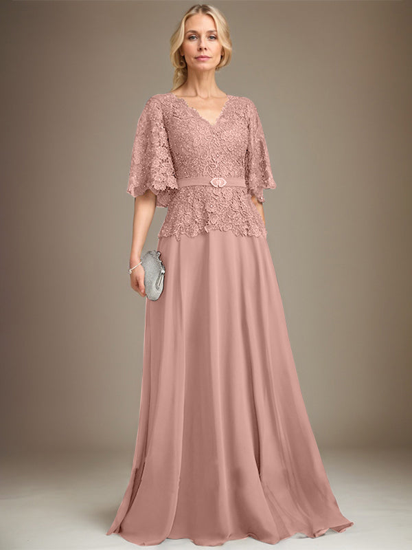 A-Linie V-Ausschnitt Bodenlanges Chiffon-Spitzenkleid für die Brautmutter mit Kristallbrosche und Strass 