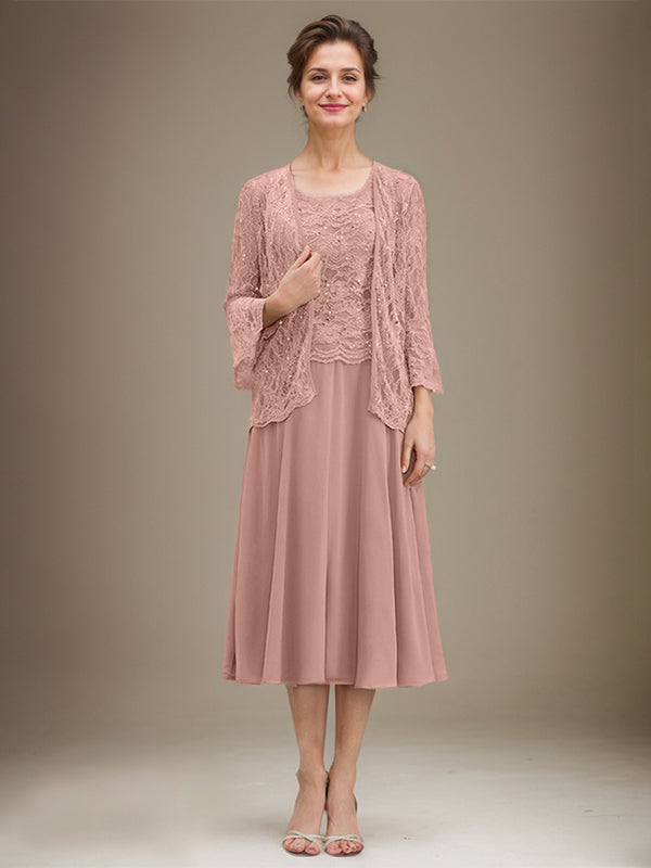 Vestido de gasa con encaje y lentejuelas para madre de la novia, corte A, escote redondo y largo hasta la rodilla