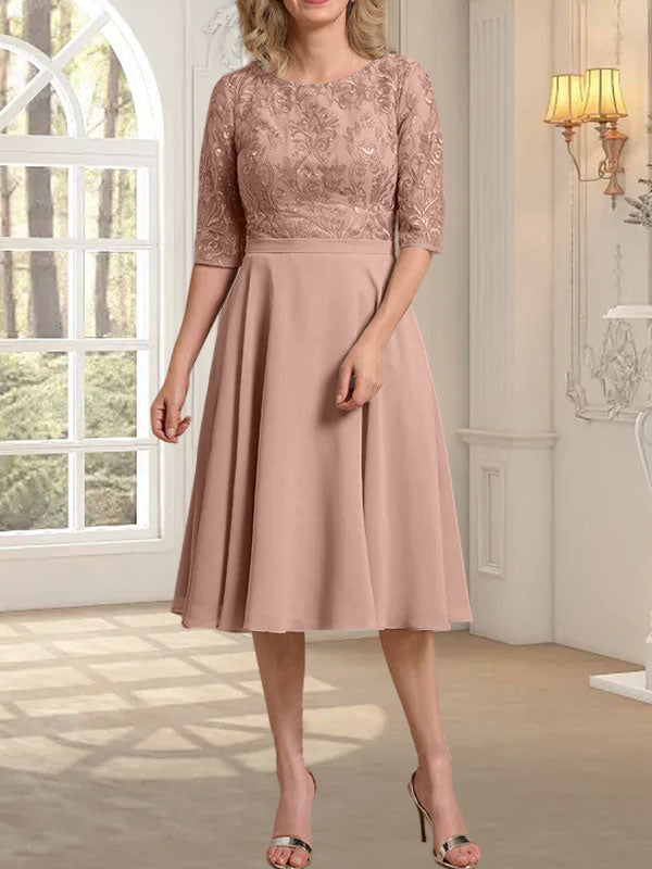 Vestido de gasa con encaje y escote redondo hasta la rodilla para madre de la novia
