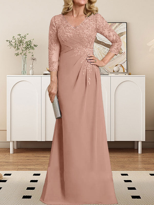 Vestido de madre de la novia de gasa con encaje, escote en V, ilusión, largo hasta el suelo, con lentejuelas plisadas