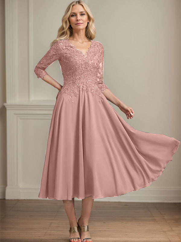 Vestido de gasa con encaje y escote en V para madre de la novia, largo hasta la rodilla, con lentejuelas y abalorios