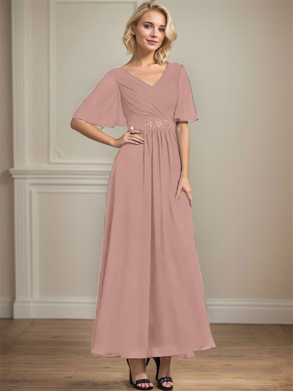 Vestido de gasa para madre de la novia con escote en V, largo hasta los tobillos, corte A y lentejuelas plisadas con cuentas