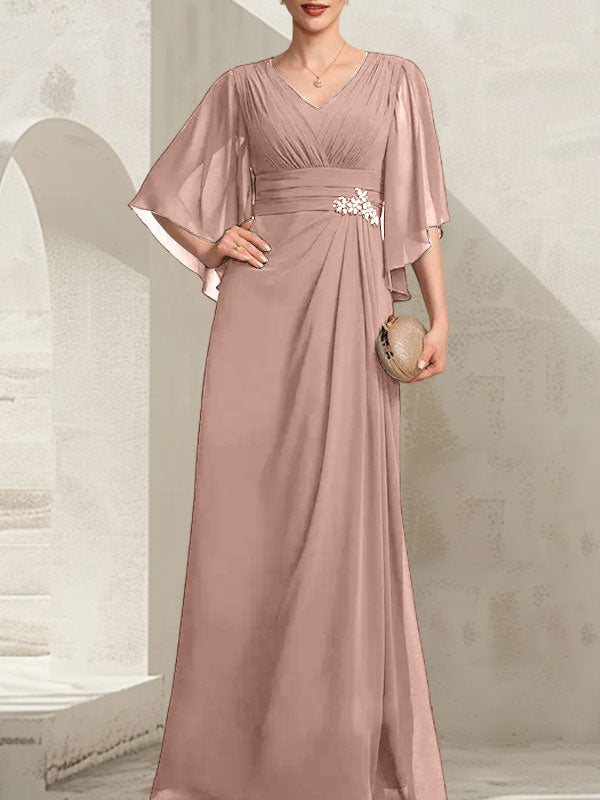 Etui-Linie/Säule V-Ausschnitt Bodenlang Chiffon Kleid für die Brautmutter mit Plissee Pailletten Perlenbesatz
